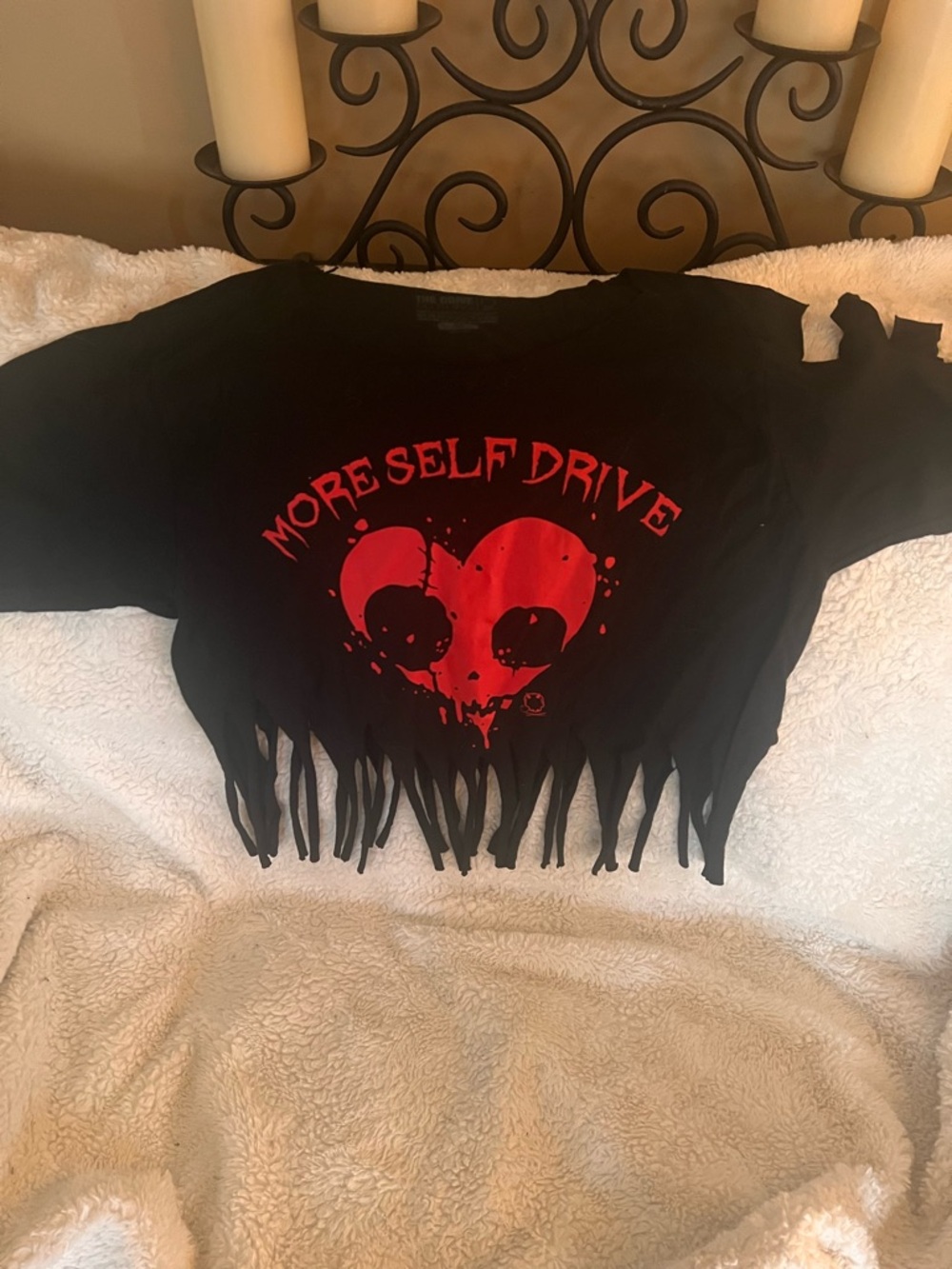 Black Graphic Fringe Top with Red Heart Print